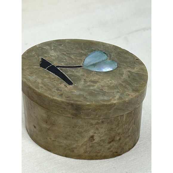 Vintage Soapstone Oval Blue Abalone & Onyx Tulip Inlay Keepsake Box Blue - Picture 5 of 16